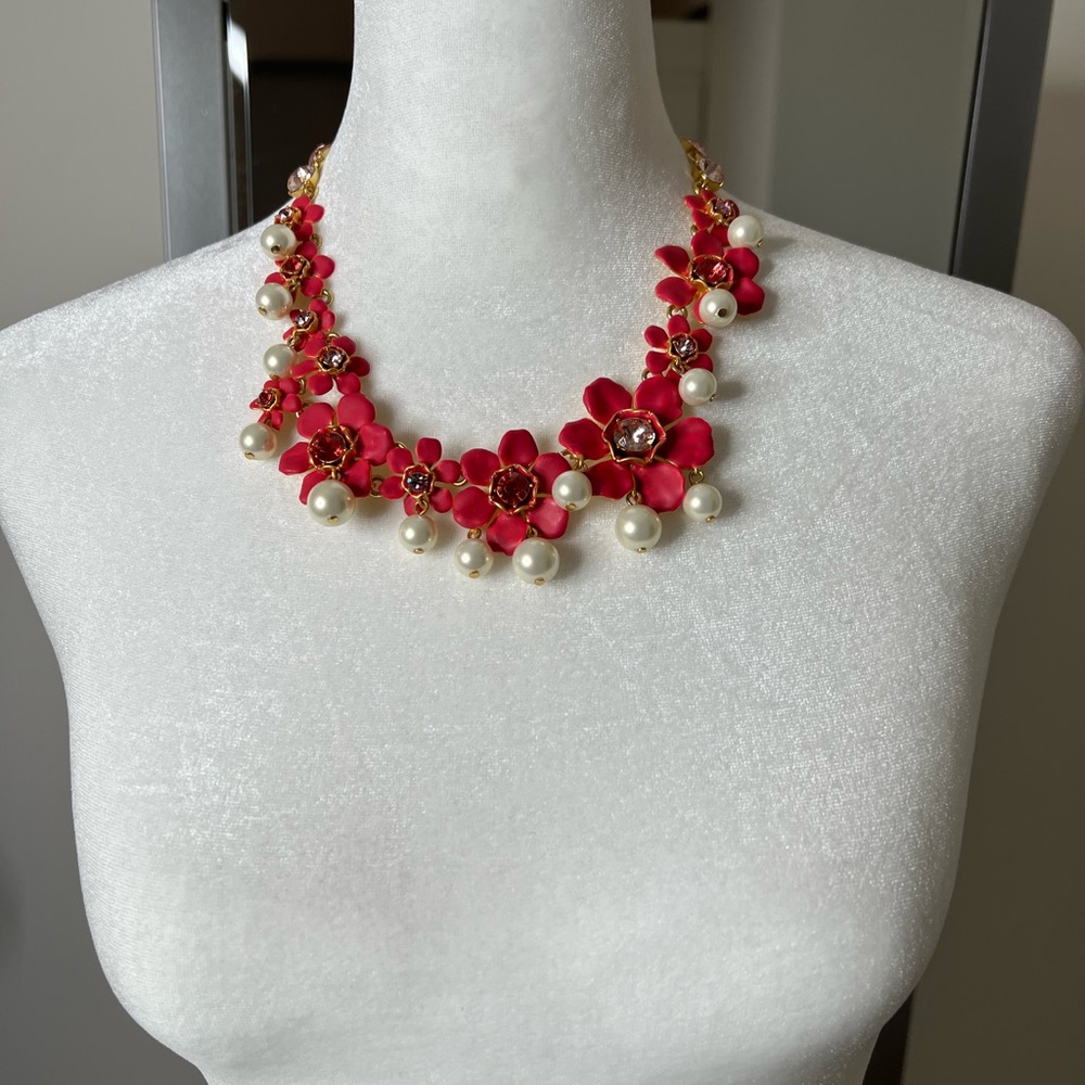 J. Crew Red Flowered Pearl Necklace
